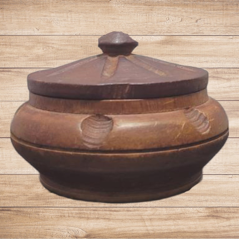 Vintage 1970s Carved Wood Tribal Round Box/Dish with Top